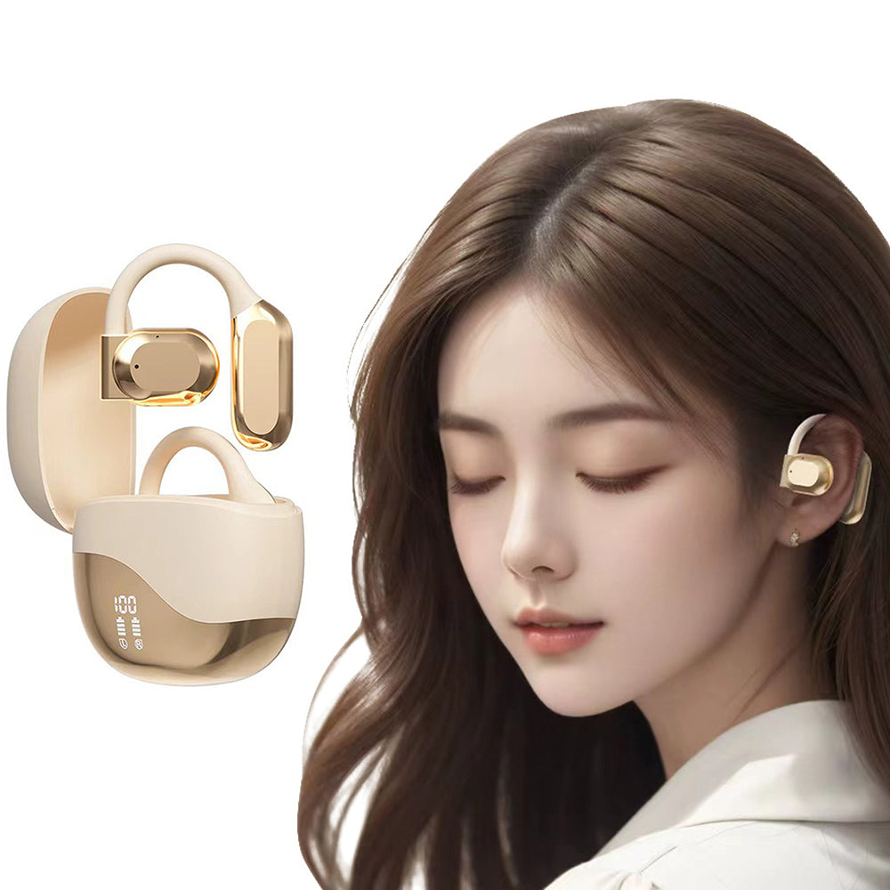Open Ear Headphone Bluetooth Wireless Earbud Sport Over Ear Earhooks LED Power Display Earphone Beige