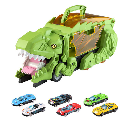 7Pcs Set Dinosaur Truck Toys Foldable Transport Track with 6 Pull Back Cars for Kids Christmas Birthday Green