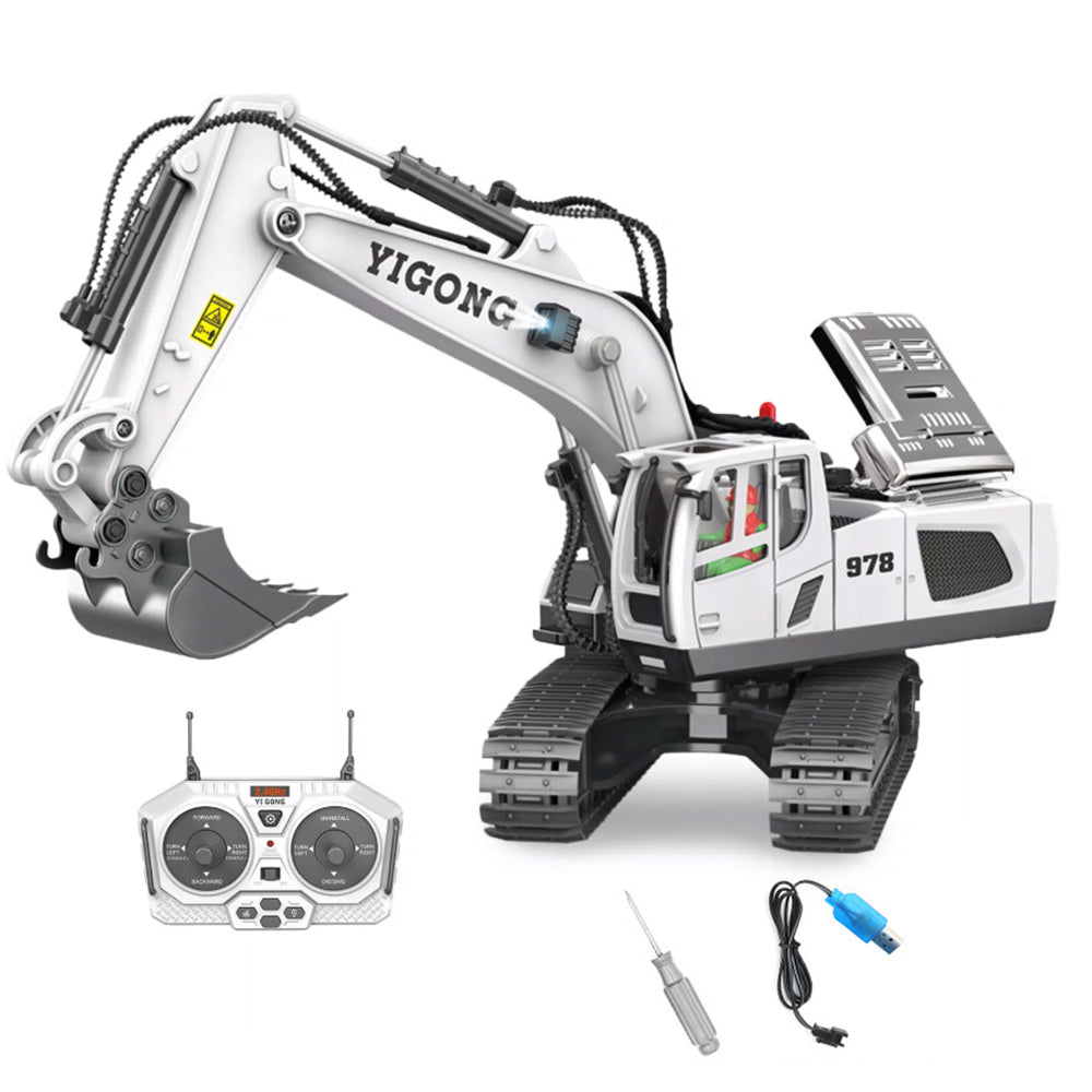 2.4GHz Remote Control Excavator RC Construction Car Toy with Light and Music White