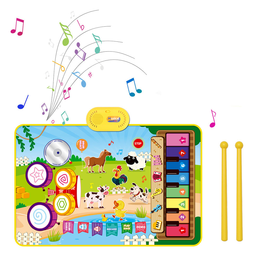 2-in-1 Piano Drum Mat Music Touch Music Mat Toys with 6 Instrument Sounds for Kids Green