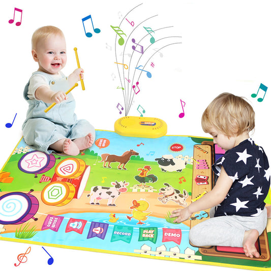 2-in-1 Piano Drum Mat Music Touch Music Mat Toys with 6 Instrument Sounds for Kids Green