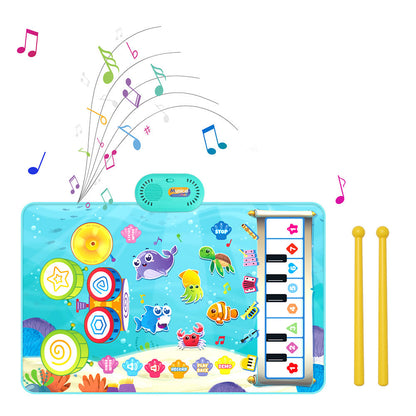 2-in-1 Piano Drum Mat Music Touch Music Mat Toys with 6 Instrument Sounds for Kids Blue
