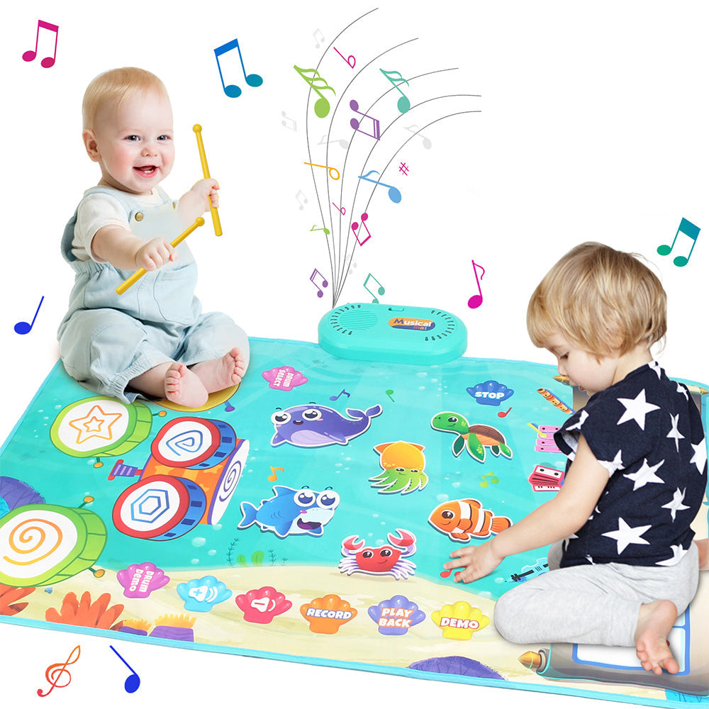 2-in-1 Piano Drum Mat Music Touch Music Mat Toys with 6 Instrument Sounds for Kids Blue