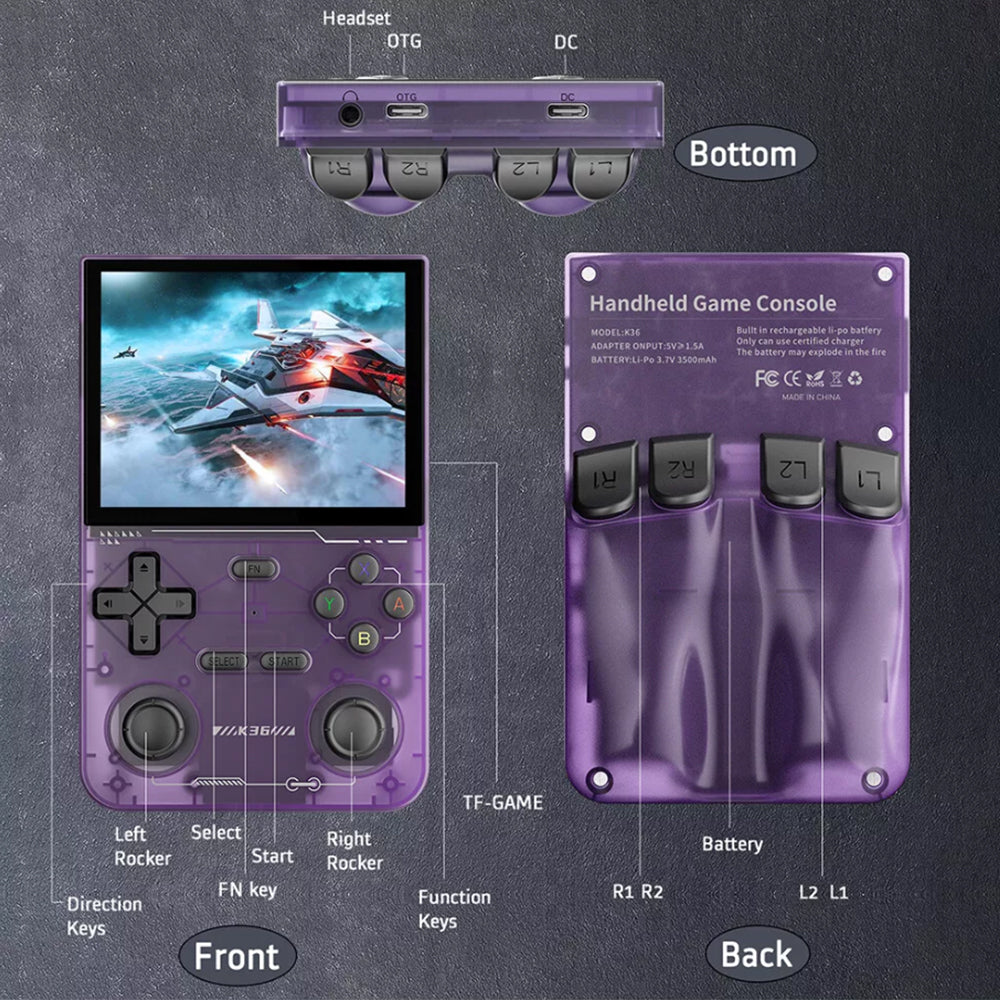 K36 Retro Handheld Game Console 64GB Video Consoles with 16000+ Games Purple