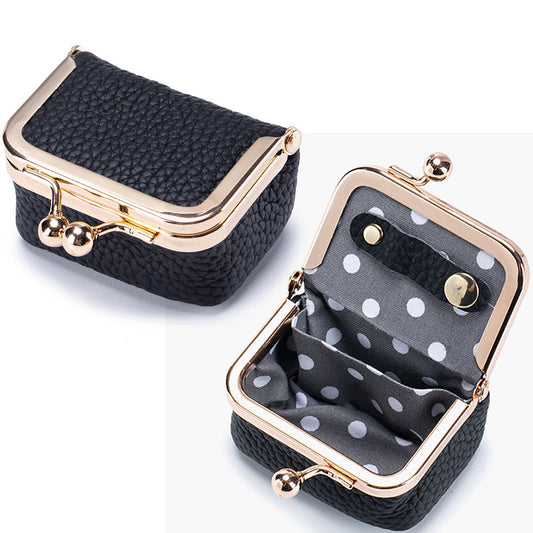 Mini Genuine Leather Jewelry Box Portable Vintage-Inspired Jewelry Case with Kiss Lock for Earring Ring Black
