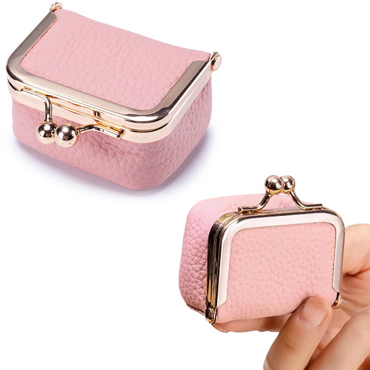 Mini Genuine Leather Jewelry Box Portable Vintage-Inspired Jewelry Case with Kiss Lock for Earring Ring Pink