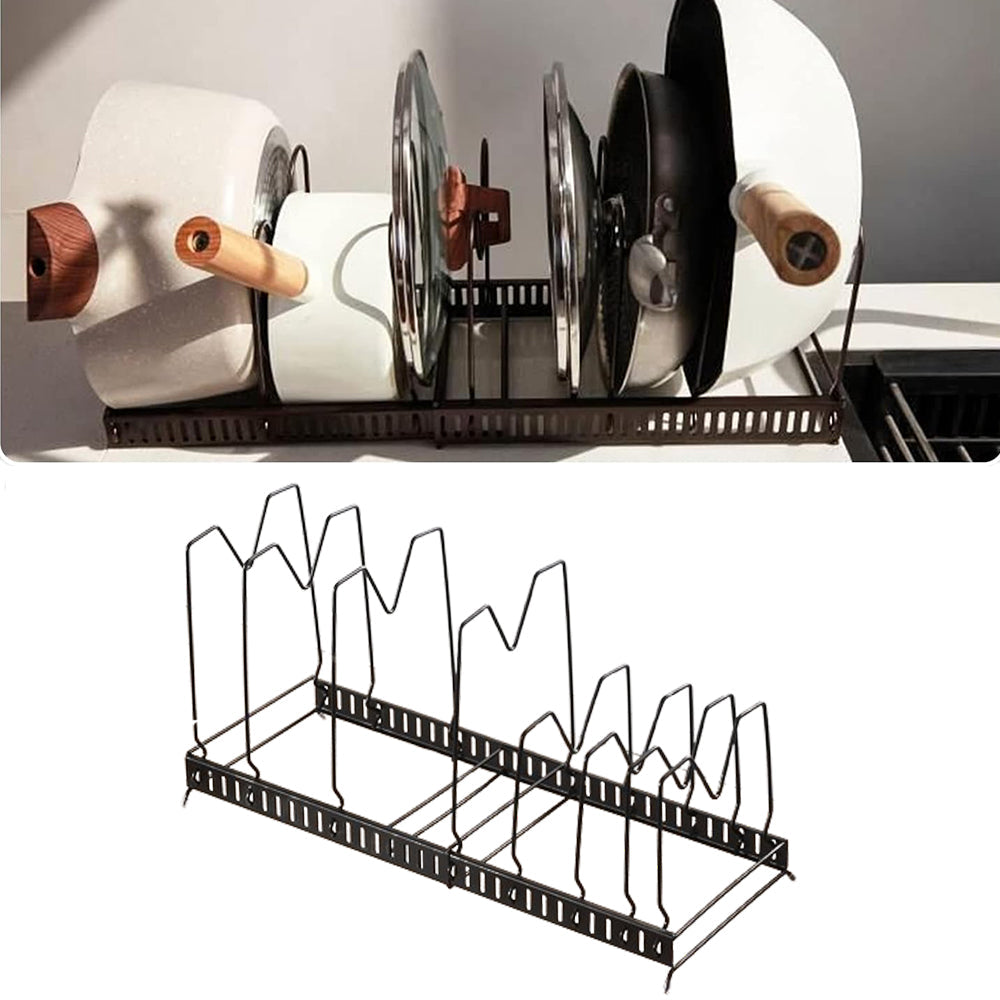 Expandable Cookware Organiser Rack Pot and Pan Lid Holder with Adjustable Dividers for Kitchen Cupboard Black
