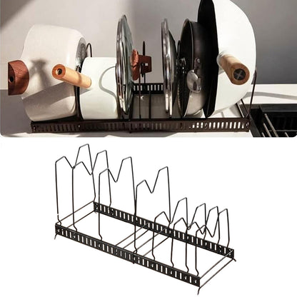 Expandable Cookware Organiser Rack Pot and Pan Lid Holder with Adjustable Dividers for Kitchen Cupboard Black