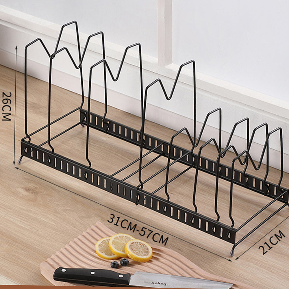 Expandable Cookware Organiser Rack Pot and Pan Lid Holder with Adjustable Dividers for Kitchen Cupboard Black