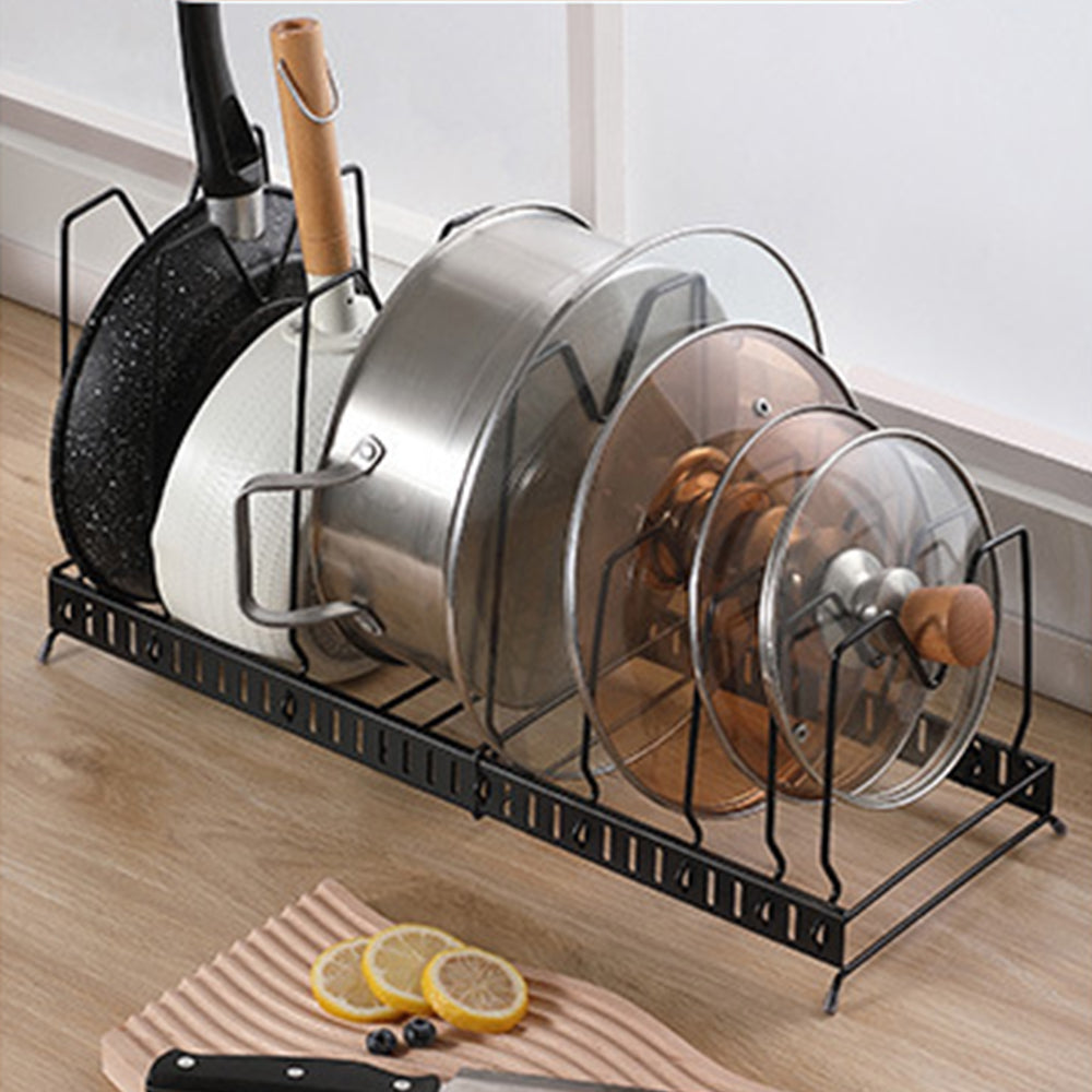Expandable Cookware Organiser Rack Pot and Pan Lid Holder with Adjustable Dividers for Kitchen Cupboard Black