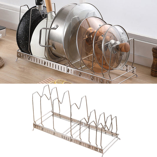 Expandable Cookware Organiser Rack Pot and Pan Lid Holder with Adjustable Dividers for Kitchen Cupboard Silver