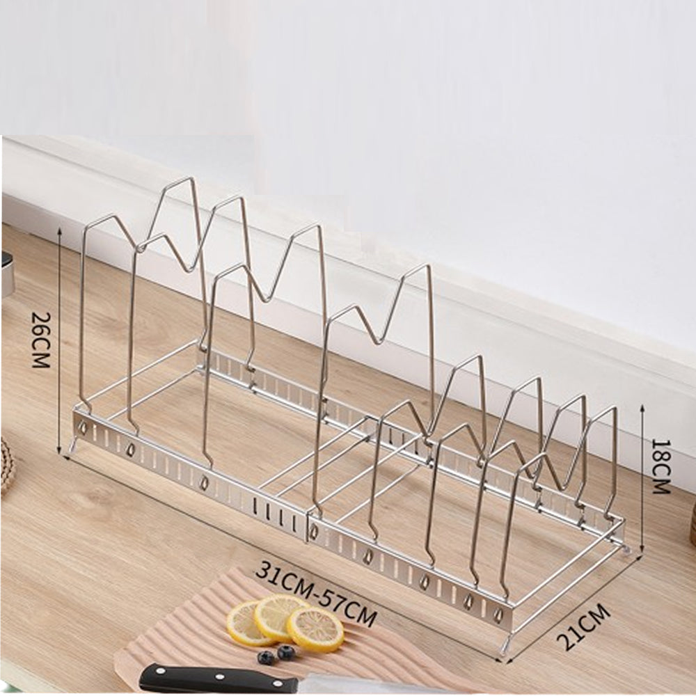 Expandable Cookware Organiser Rack Pot and Pan Lid Holder with Adjustable Dividers for Kitchen Cupboard Silver