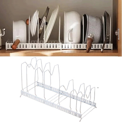 Expandable Cookware Organiser Rack Pot and Pan Lid Holder with Adjustable Dividers for Kitchen Cupboard White