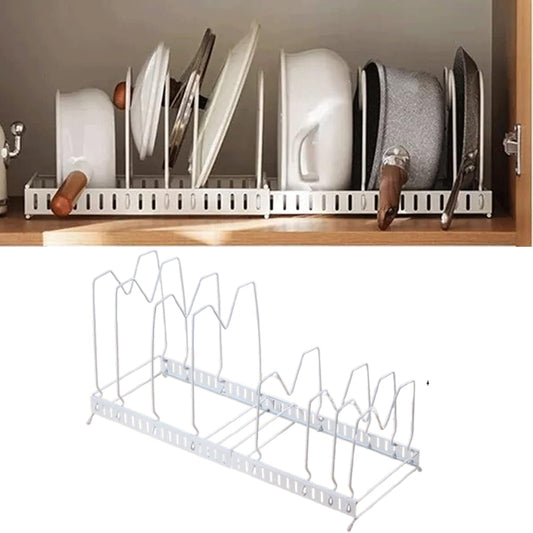 Expandable Cookware Organiser Rack Pot and Pan Lid Holder with Adjustable Dividers for Kitchen Cupboard White