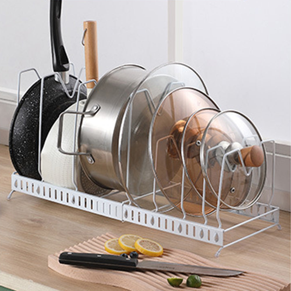 Expandable Cookware Organiser Rack Pot and Pan Lid Holder with Adjustable Dividers for Kitchen Cupboard White