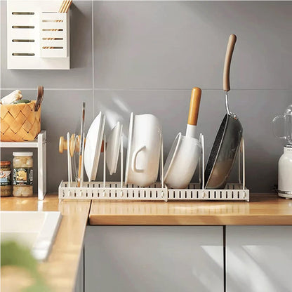 Expandable Cookware Organiser Rack Pot and Pan Lid Holder with Adjustable Dividers for Kitchen Cupboard White