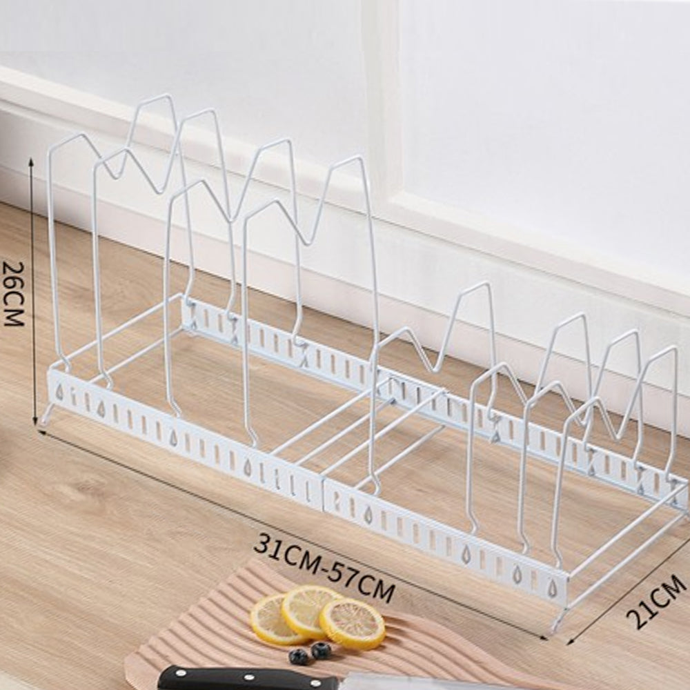 Expandable Cookware Organiser Rack Pot and Pan Lid Holder with Adjustable Dividers for Kitchen Cupboard White
