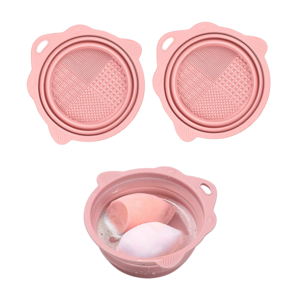 2Pcs Foldable Makeup Brush Cleaner Bowl Portable Silicone Cleaning Tool for Cosmetic Brushes Powder Puffs Sponges Pink