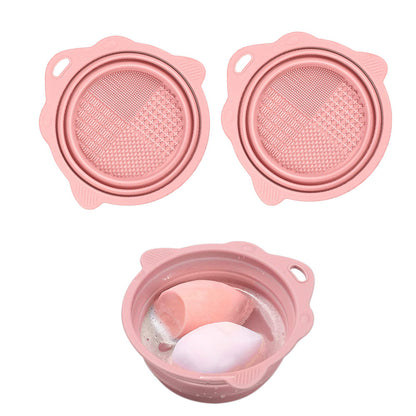 2Pcs Foldable Makeup Brush Cleaner Bowl Portable Silicone Cleaning Tool for Cosmetic Brushes Powder Puffs Sponges Pink