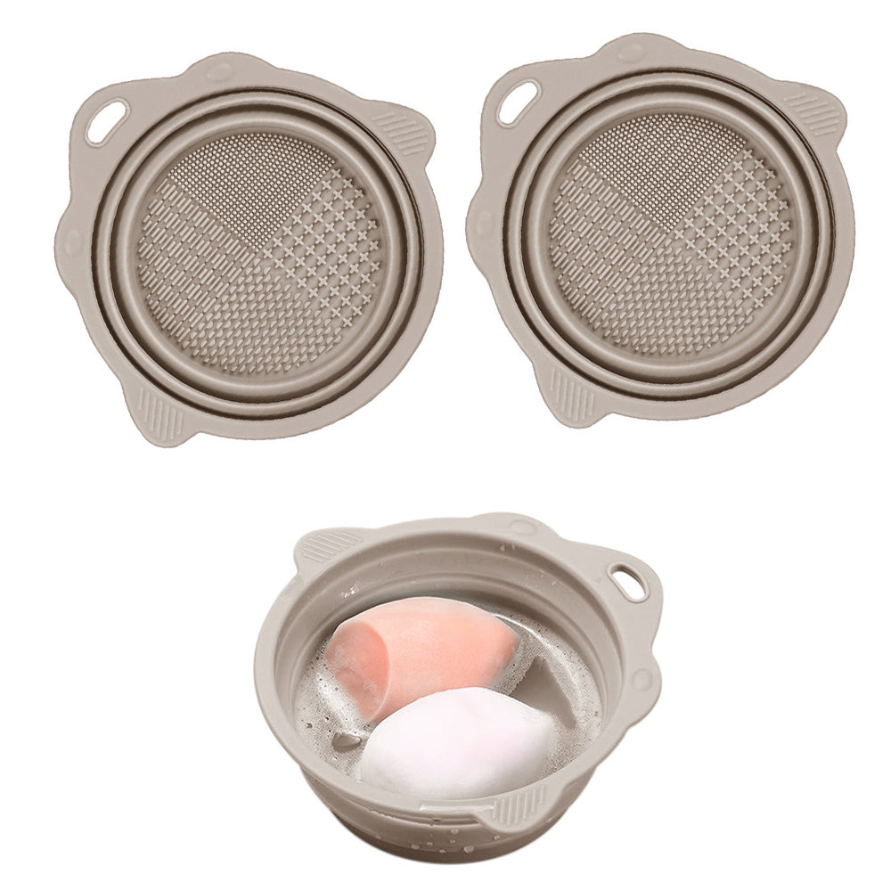 2Pcs Foldable Makeup Brush Cleaner Bowl Portable Silicone Cleaning Tool for Cosmetic Brushes Powder Puffs Sponges Khaki