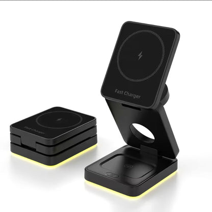 3-in-1 Wireless Fast Charging Station with LED Night Light Desk Charger Stand Dock for iPhone Apple Watch Airpods Black