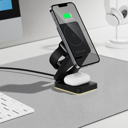 3-in-1 Wireless Fast Charging Station with LED Night Light Desk Charger Stand Dock for iPhone Apple Watch Airpods Black