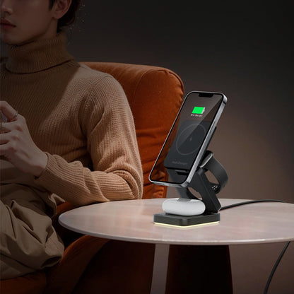 3-in-1 Wireless Fast Charging Station with LED Night Light Desk Charger Stand Dock for iPhone Apple Watch Airpods Black