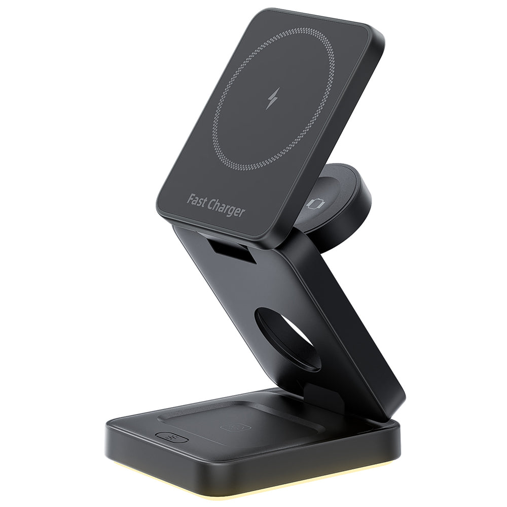 3-in-1 Wireless Fast Charging Station with LED Night Light Desk Charger Stand Dock for iPhone Apple Watch Airpods Black