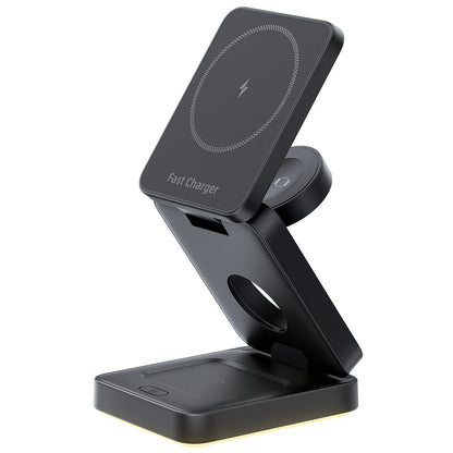 3-in-1 Wireless Fast Charging Station with LED Night Light Desk Charger Stand Dock for iPhone Apple Watch Airpods Black