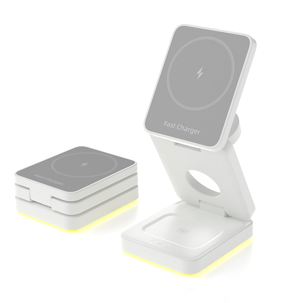 3-in-1 Wireless Fast Charging Station with LED Night Light Desk Charger Stand Dock for iPhone Apple Watch Airpods White