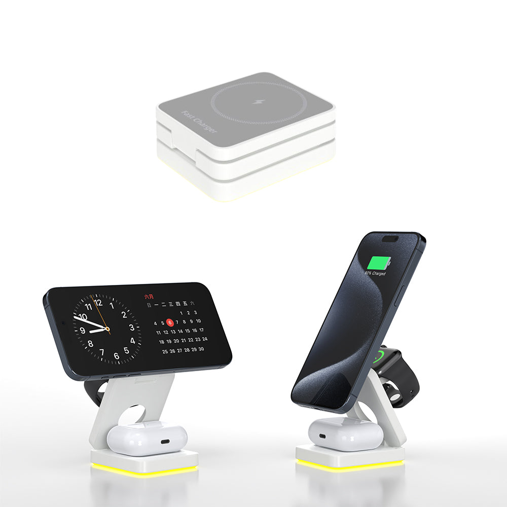 3-in-1 Wireless Fast Charging Station with LED Night Light Desk Charger Stand Dock for iPhone Apple Watch Airpods White