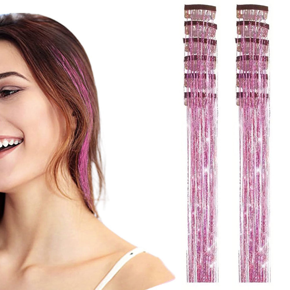 12-Piece Hair Tinsel Clip Kit Sparkly Fairy Hair Extensions for Glamorous Styling Pink