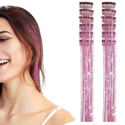 12-Piece Hair Tinsel Clip Kit Sparkly Fairy Hair Extensions for Glamorous Styling Pink