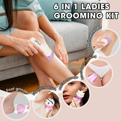 6-in-1 Painless Electric Shaver for Women Cordless Face Foot Body Hair Grooming Set Purple