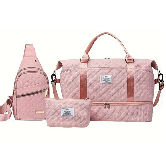 3 PCS Travel Duffle Bag Set with Shoe Compartment Pink