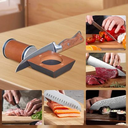 Rolling Knife Sharpener Tool Adjustable Angle Magnetic Base for Kitchen Use Natural Wood