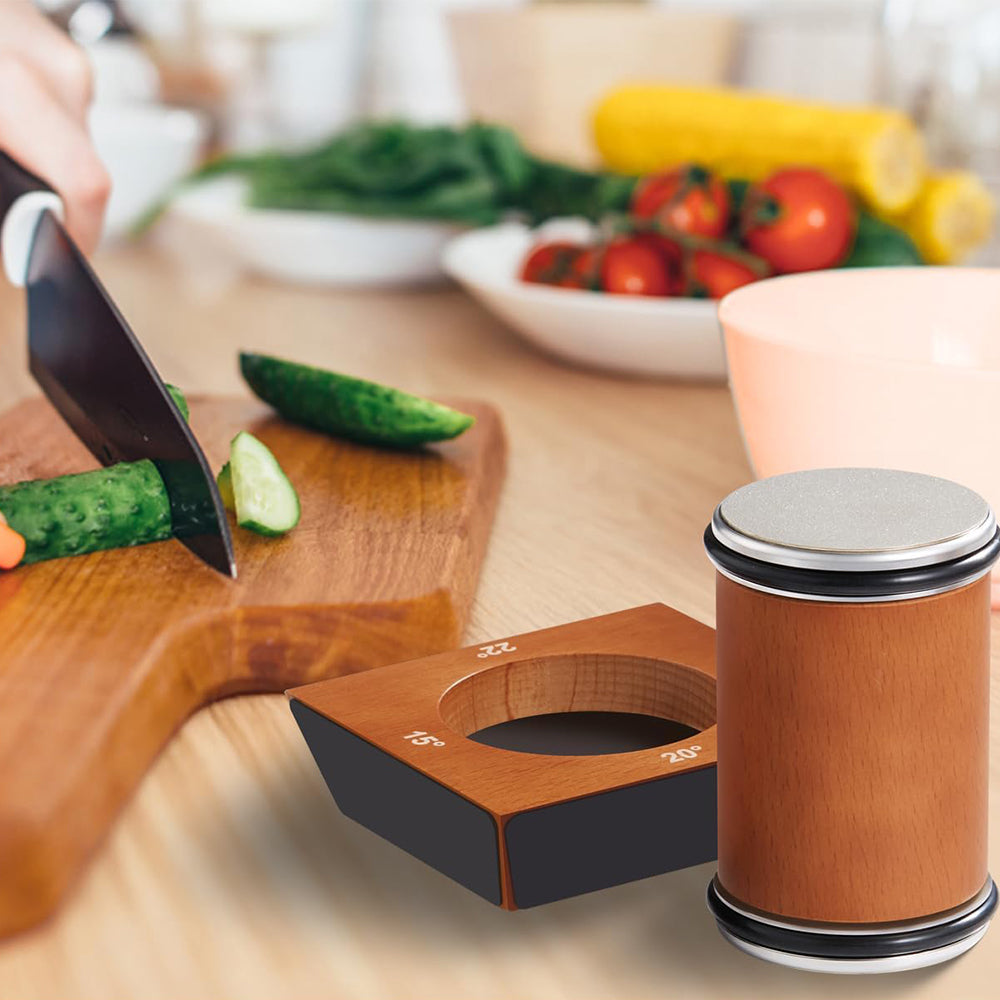Rolling Knife Sharpener Tool Adjustable Angle Magnetic Base for Kitchen Use Natural Wood