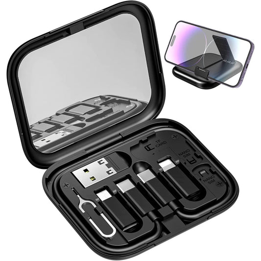 6-in-1 Cable Organizer Multifunctional Storage Box with Mirror for Travel Black