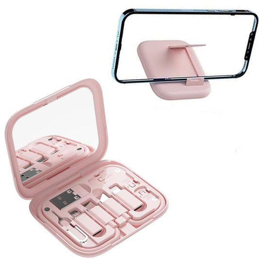 6-in-1 Cable Organizer Multifunctional Storage Box with Mirror for Travel Pink