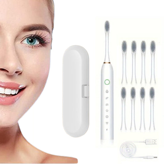 Electric Sonic Toothbrush Kit for Travel Trip Rechargeable Smart 6-Speed Toothbrush with 8 Heads White