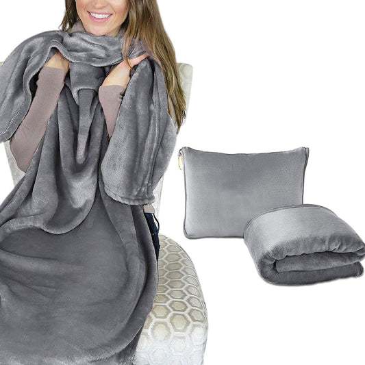 2-in-1 Travel Blanket Airplane Comfort Blanket and Pillow Grey