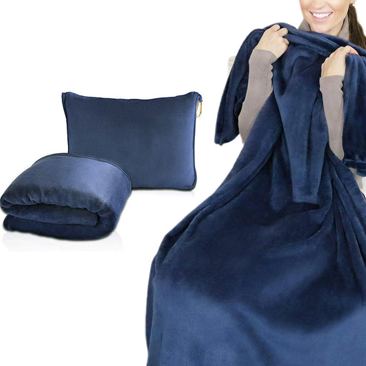 2-in-1 Travel Blanket Airplane Comfort Blanket and Pillow  Navy