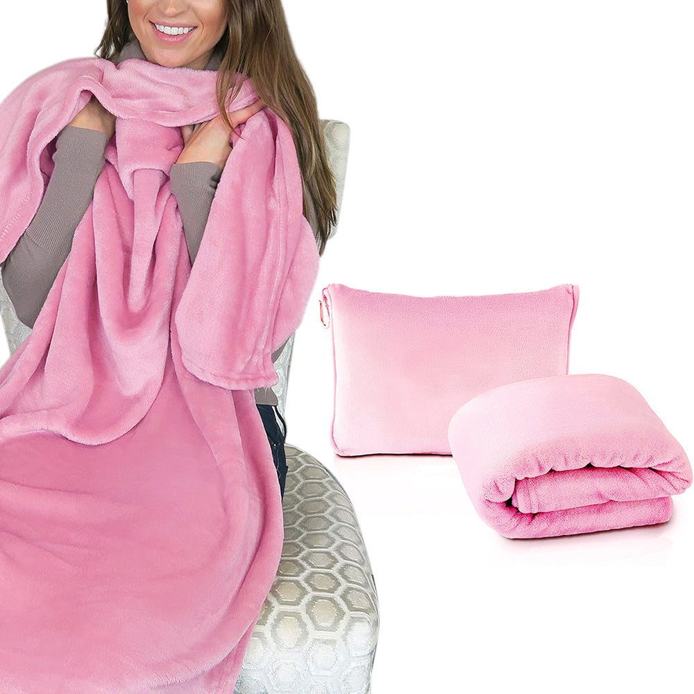 2-in-1 Travel Blanket Airplane Comfort Blanket and Pillow Pink
