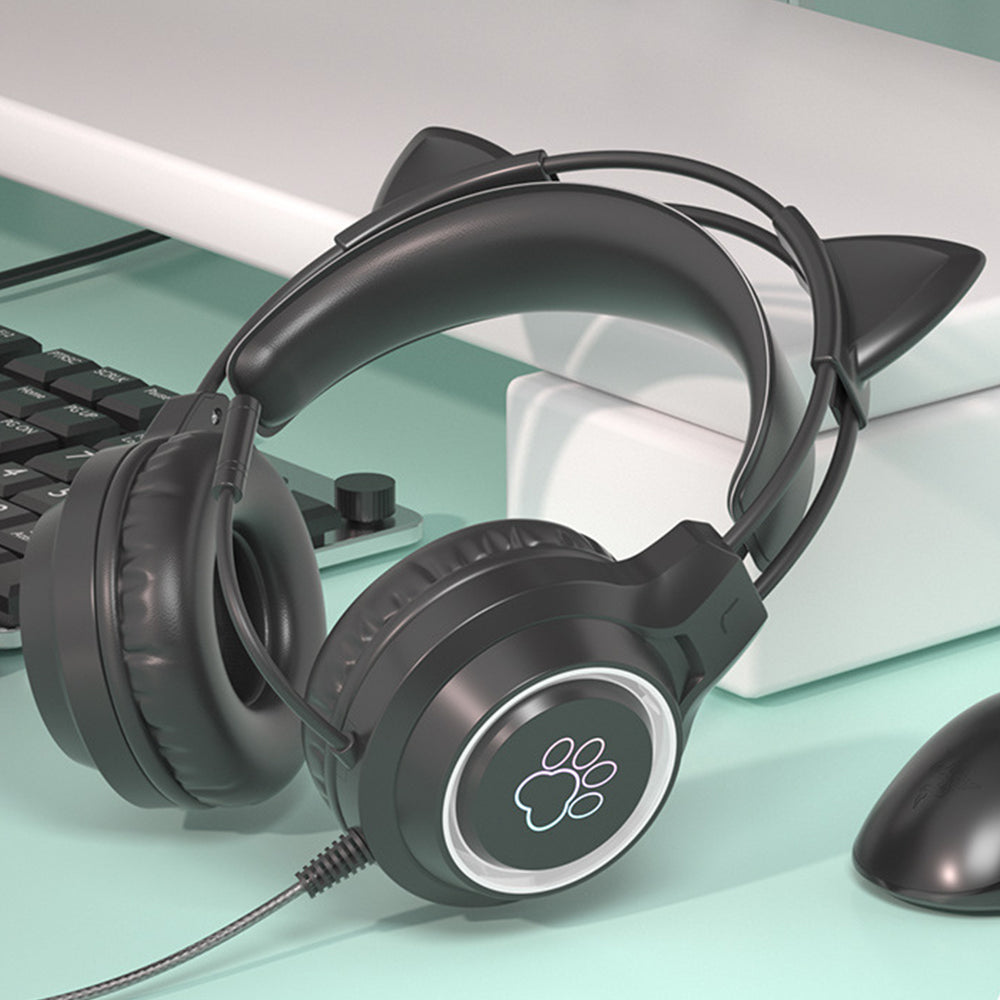 RGB Lighting Gaming Headset Cat Ear Headphone with Microphone Black