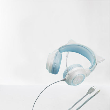RGB Lighting Gaming Headset Cat Ear Headphone with Microphone Blue