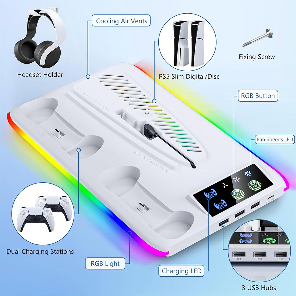 RGB Cooling and Charging Station Controller Charging Dock Headset Holder Compatible with PS5/PS5Pro/Slim/Disc/Digital Console