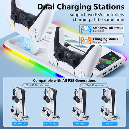 RGB Cooling and Charging Station Controller Charging Dock Headset Holder Compatible with PS5/PS5Pro/Slim/Disc/Digital Console