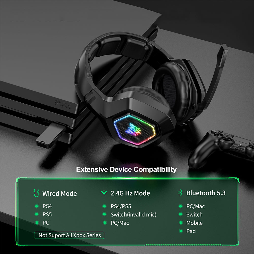 3-Mode RGB Gaming Headphone with Mic Over- ear Headphones Compatible with PS4/PS5/Switch/Mobile/ PC/Mac Black