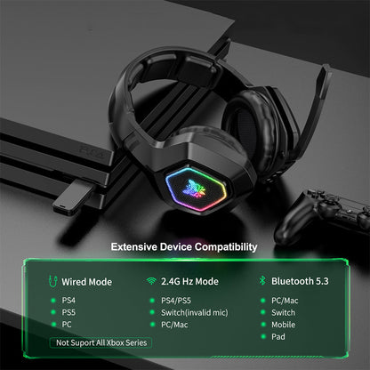 3-Mode RGB Gaming Headphone with Mic Over- ear Headphones Compatible with PS4/PS5/Switch/Mobile/ PC/Mac Black