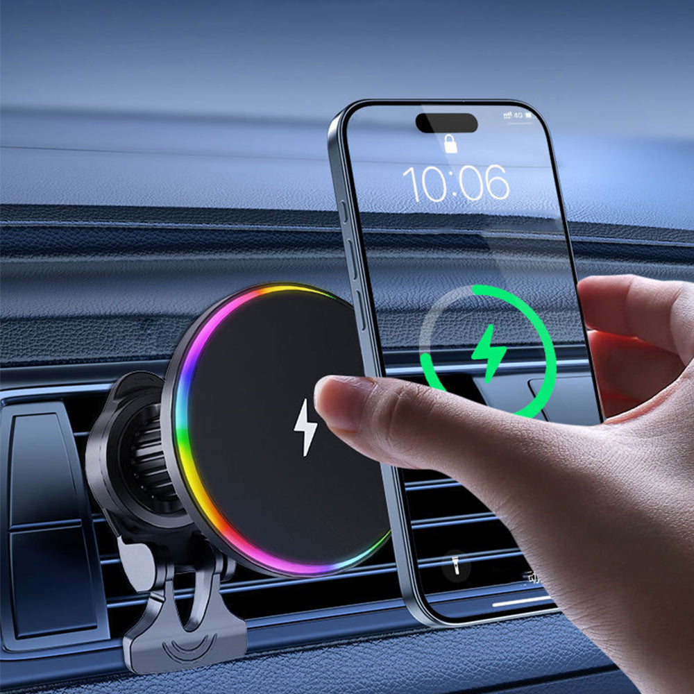 15W USB Powered Wireless Car Charger with RGB Light Car Phone Holder Mount for Air Vent